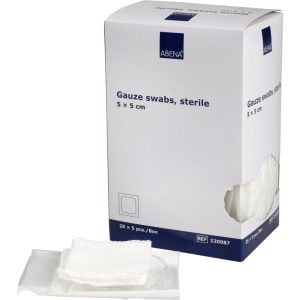 Comprese sterile ABENA din tifon, 5x5 cm, 8 straturi, 5 buc/plic, 25 plicuri/cutie