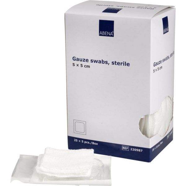Comprese sterile ABENA din tifon, 5x5 cm, 8 straturi, 5 buc/plic, 25 plicuri/cutie