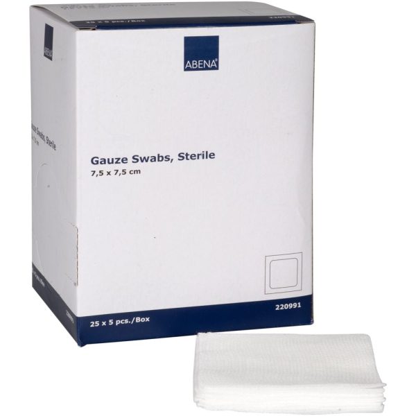 Comprese sterile ABENA din tifon, 7.5x7.5 cm, 8 straturi, 5 buc/plic, 25 plicuri/cutie