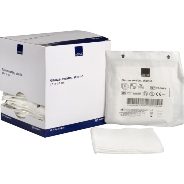 Comprese sterile ABENA din tifon, 10x10 cm, 8 straturi, 5 buc/plic, 25 plicuri/cutie