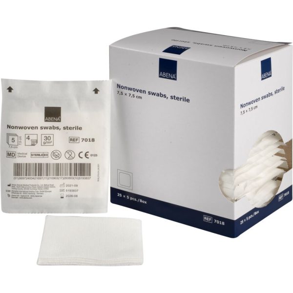 Comprese sterile ABENA netesute, 7,5x7,5 cm, 4 straturi, 125 buc (25x5), fără latex